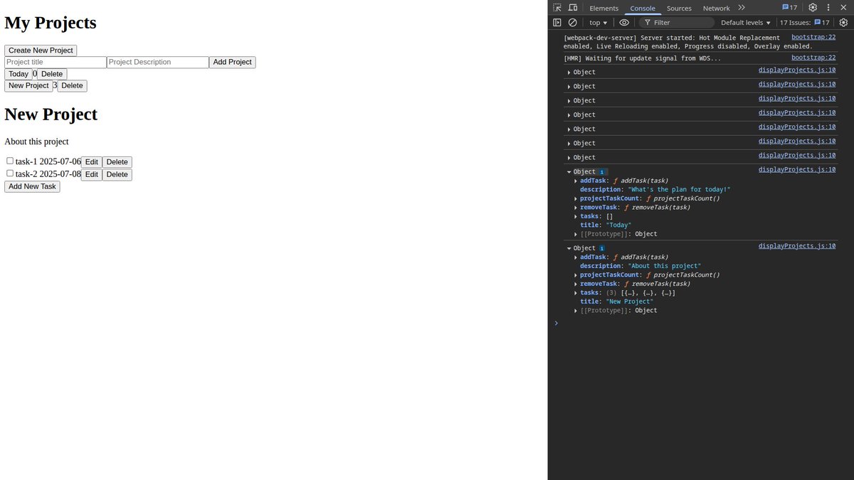 AkshtCodes's tweet image. //Project Todo:
- Added project switching logic through my projects section
- Active project now renders dynamically
- Tasks show up with checkbox, due date, and edit/delete options