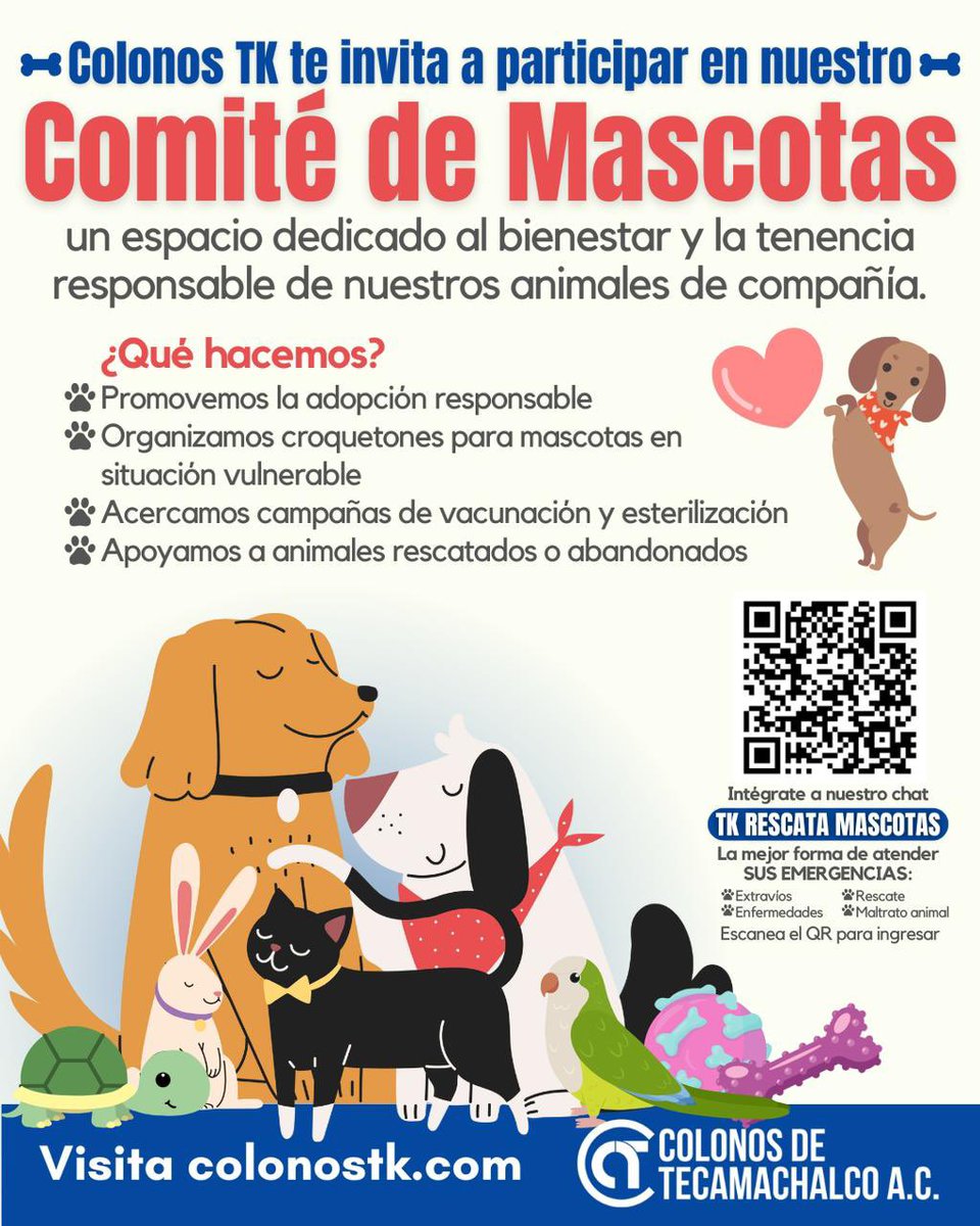 🐶💖 En Colonos TK no solo cuidamos nuestras calles… ¡también cuidamos a quienes nos acompañan con amor incondicional!

📲 Súmate al chat, infórmate y sé parte del cambio.
#ComitéDeMascotasTK #CroquetónTK #RescateAnimal #TecamachalcoConAmor #ColonosQueCuidan