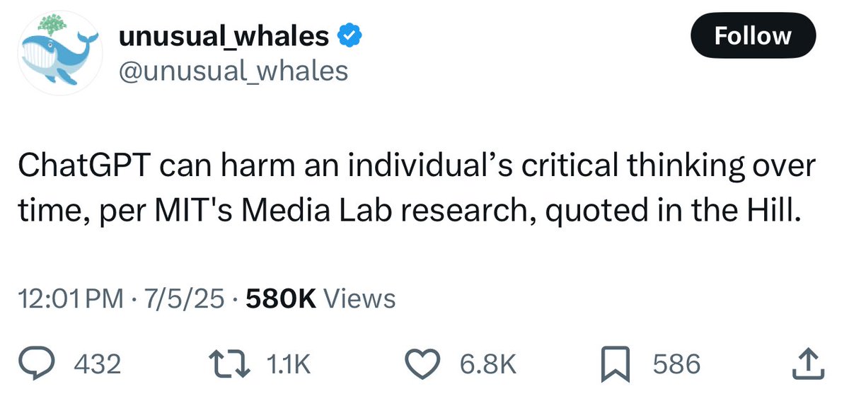 The paper doesn’t make this claim at all, nor could it given the methodology.

 (52 students wrote essays, 1/3 were made to use ChatGPT &amp; they remembered their essay less at the time. 4 months later 18 people came back &amp; the ChatGPT group were still less engaged in their essay)