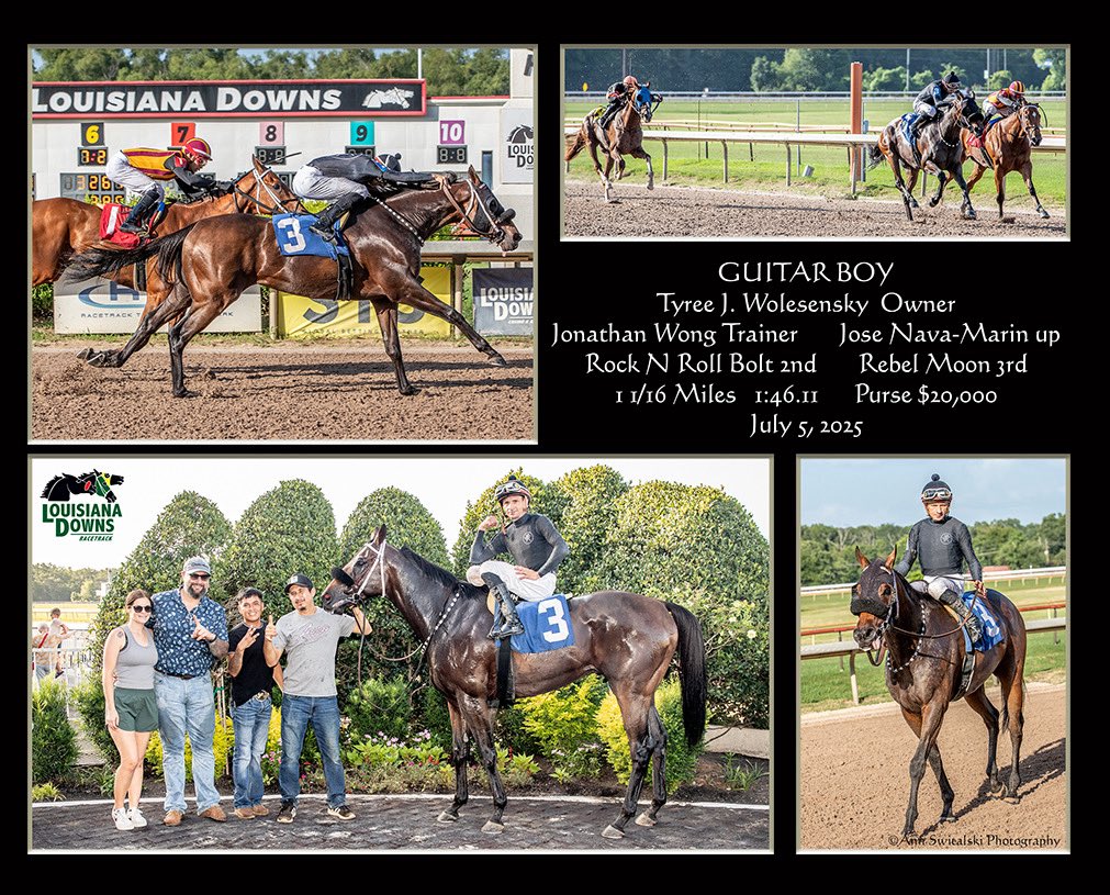 Jonathan Wong Racing Stables (@jawongracing) on Twitter photo Guitar Boy scored an allowance victory today in game fashion <a href="/LouisianaDowns/">Louisiana Downs Racetrack & Casino</a>. Congratulations & thank you very much to his owner Tyree Wolesensky <a href="/CWolesensky/">Corey Wolesensky</a> & Jose Nava Marin for a great ride <a href="/MJVETWong/">M.Wong</a> <a href="/Director_Roxy/">Roxanne Tanner</a> <a href="/JohnLMcGary/">John L McGary</a> <a href="/StarGuitarLA/">StarGuitar</a> Guitar Boy scored an allowance victory today in game fashion <a href="/LouisianaDowns/">Louisiana Downs Racetrack & Casino</a>. Congratulations & thank you very much to his owner Tyree Wolesensky <a href="/CWolesensky/">Corey Wolesensky</a> & Jose Nava Marin for a great ride <a href="/MJVETWong/">M.Wong</a> <a href="/Director_Roxy/">Roxanne Tanner</a> <a href="/JohnLMcGary/">John L McGary</a> <a href="/StarGuitarLA/">StarGuitar</a>