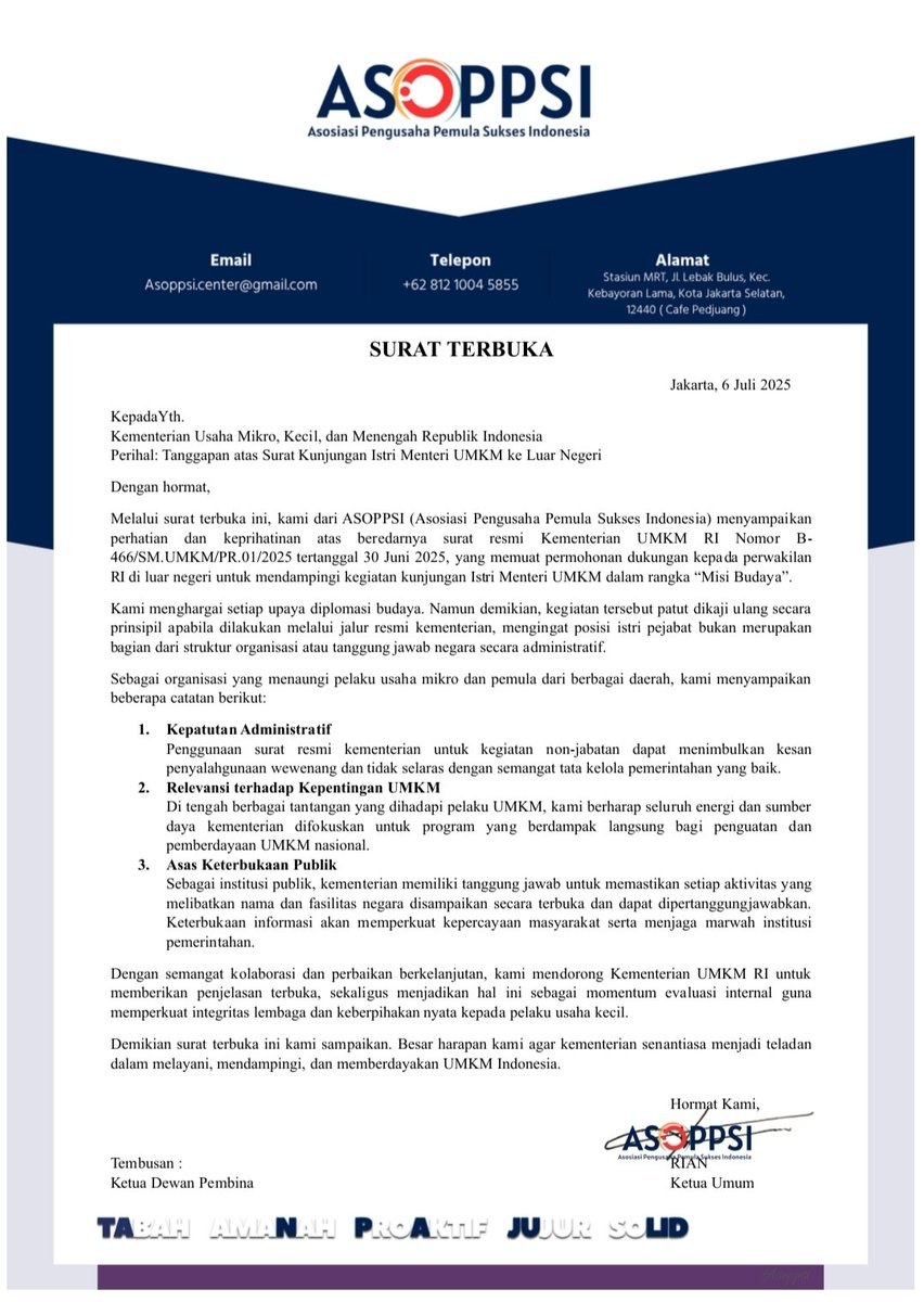 ASOPPSI_OFFICIAL (@officialasoppsi) on Twitter photo ๐ข Surat Terbuka ASOPPSI untuk <a href="/KementerianUMKM/">Kementerian UMKM RI</a>
Kami menyampaikan keprihatinan atas penggunaan surat resmi negara untuk kunjungan istri Menteri UMKM ke luar negeri. UMKM butuh aksi nyata, bukan simbolisme.
cc <a href="/prabowo/">Prabowo Subianto</a>
#PewirausahaPemula #UMKM #SuratTerbuka ๐ข Surat Terbuka ASOPPSI untuk <a href="/KementerianUMKM/">Kementerian UMKM RI</a>
Kami menyampaikan keprihatinan atas penggunaan surat resmi negara untuk kunjungan istri Menteri UMKM ke luar negeri. UMKM butuh aksi nyata, bukan simbolisme.
cc <a href="/prabowo/">Prabowo Subianto</a>
#PewirausahaPemula #UMKM #SuratTerbuka