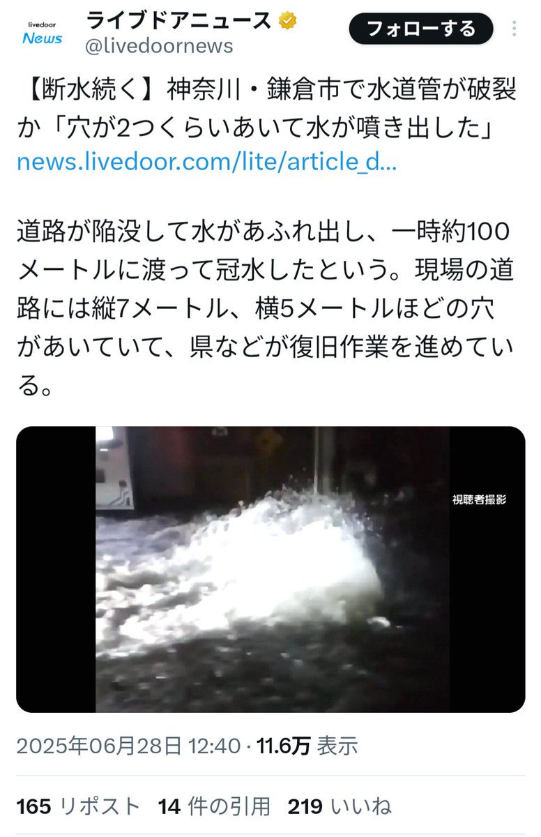 日本各地で発生する水道管破裂
引用　

大阪　242件
京都　7件
鎌倉　14件

アンチ維新の人達
大阪の水道管破裂だけ見つけて、引用が激増して、大阪や維新叩きコメントであふれるのであった