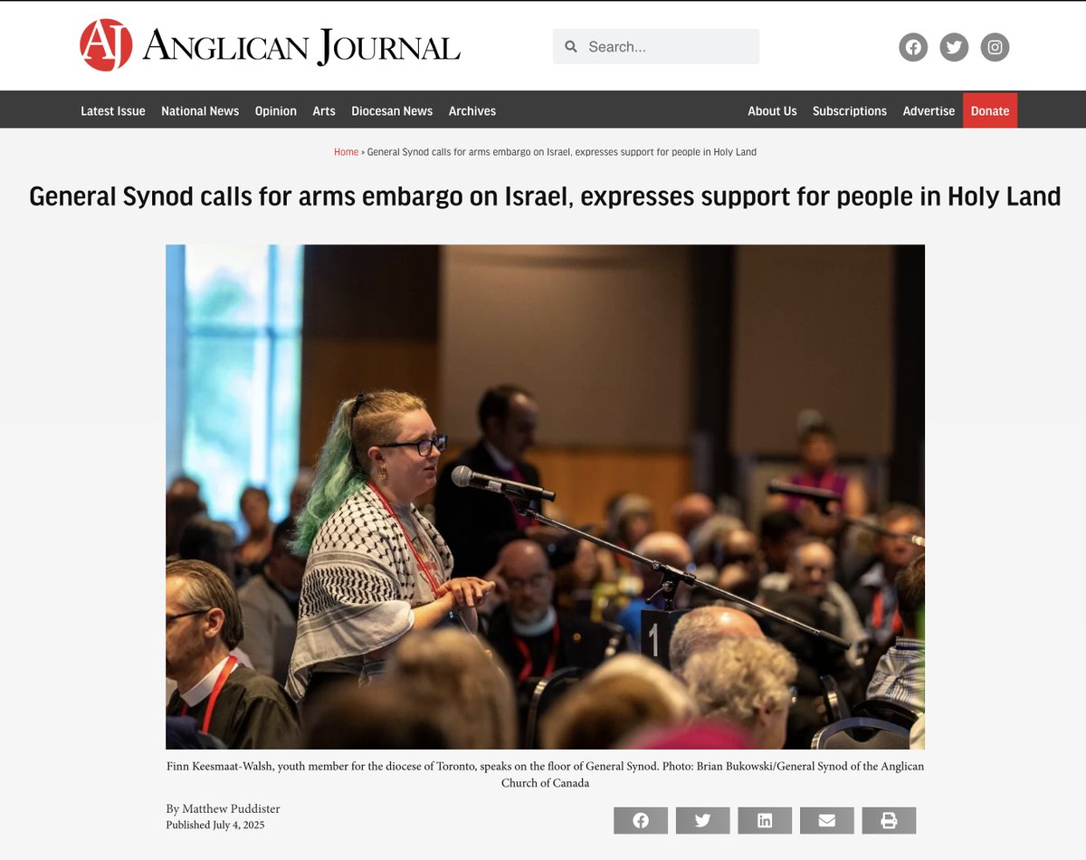 dimitrilascaris's tweet photo. The General Synod of Canada's Anglican Church has adopted a resolution calling for Canada to impose a full and immediate arms embargo on Israel's genocidal regime.

Only the most depraved members of Canadian society continue to support the genocidal entity.

#Gaza #genocide https://t.co/DW5AzFhXbY