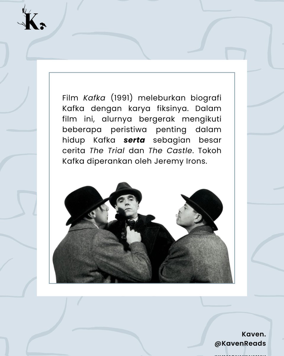 kavenreads's tweet photo. Kraa-kraa! 🐦‍⬛

Selamat pagi, Kavens. Hari ini MinKav bawa rekomendasi media Kafkaesque, loh! Kavens sudah tonton filmnya belum? 🤔 https://t.co/8oSWLZDkhD