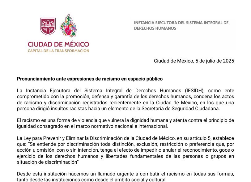 La #IESIDH condena las expresiones racistas ocurridas en la CDMX en contra de un elemento de la <a href="/SSC_CDMX/">SSC CDMX</a>

El racismo es una forma de violencia que vulnera la dignidad y los derechos humanos.

Llamamos a erradicar toda forma de discriminación. 

Consulta el boletín completo en: