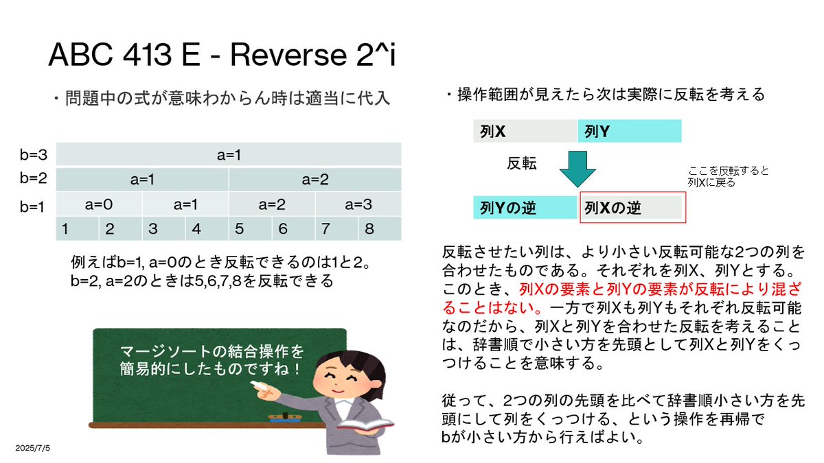 sec_desuyo's tweet photo. #atcoder解説もどき #ABC413
コンテスト外で解いてみてDでペナりまくってしまった。けど考え方はシンプルでコーナーケースがという話なので、Eの方が需要あるのではと。Eはマージソート簡易版ではって思った。 https://t.co/X3u9GZ1bDv