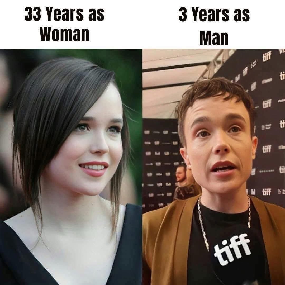 33 年纯女人 
vs 
3 年假男人。

Elliot Page （X-Men）