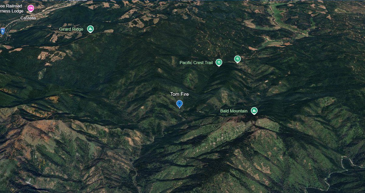 CAWildfiretrack's tweet photo. New likely lightning holdover start: Shasta County, Near the Cabin Creek Trail.
This is the #TomFire, first reported over 2 hours ago.
Aircraft overhead report some torching with increasing fire activity including uphill runs and some spotting. 1 acre, moderate potential. https://t.co/pVUC44rVn3