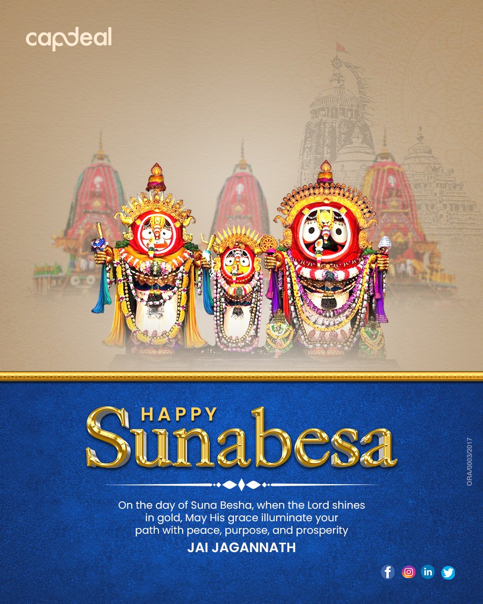 CapdealR's tweet photo. When the Lord adorns Himself in gold, He reminds us that true wealth lies in grace, purpose, and blessings.
This #SunaBesha, may Lord #Jagannath illuminate every step of your journey — with peace in your heart and prosperity in your path. 🌟

Happy Suna Besha
ଜୟ ଜଗନ୍ନାଥ | https://t.co/zE6yLGbl8z