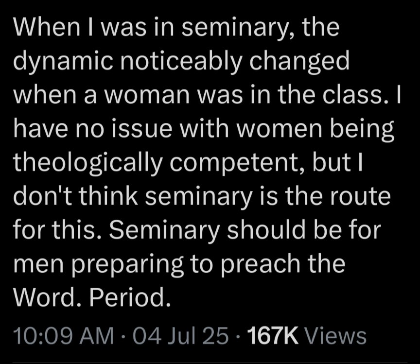 As a seminary professor and as a pastor, this is such limited thinking.
Having women in demanding courses/programs has been good for all involved.
I'm esp pleased to see women excelling in our demanding OT PhD program. They bring needed perspective &amp; insights to our field.