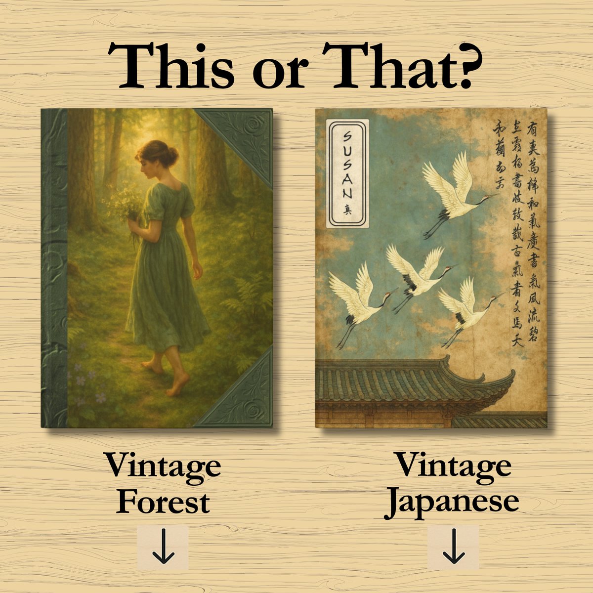 🌸 Notebook Duels – Round 1 🌸 Two notebooks. One choice. Are you drawn to Vintage Forest or Vintage Japanese? Which one speaks to you more? 
Share your fave below 💬 👇✨ Let’s see which style takes the crown 👑 

#NotebookDuels #PaperLove #FloralVsVintage #EtsyFinds
