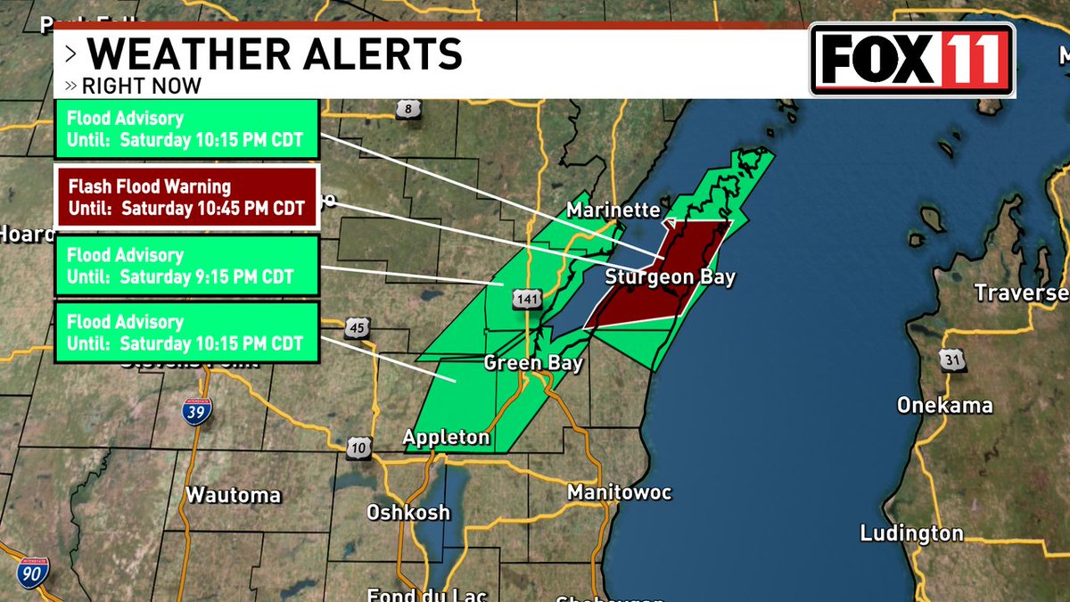 Flash Flooding happening across the area, with street flooding reported in parts of Green Bay after over 1.35" of rain fell in just an hour. In Door County, an inch of rain fell in 30 minutes in Sturgeon Bay, and at least another inch is expected.
Turn around, don't drown. #wiwx