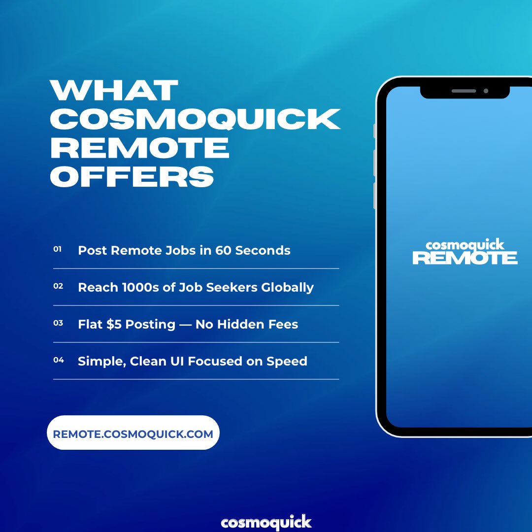 cosmoquickhq's tweet image. Need to hire remote talent—fast?
Cosmoquick Remote lets you post a job in under 60 seconds.

⚡ Super clean, super fast
👀 Go live at remote.cosmoquick.com

#RemoteHiring #Cosmoquick #JobPosting #HireFast #StartupTools #ATS #RemoteJobs #JobBoard #HRTech