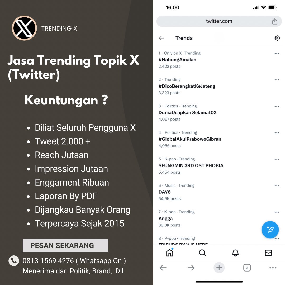 TrendingTopikX's tweet image. JASA TRENDING TOPIK X (Twitter)
- Harga Paling Murah
- 100% Naik
Jasa Trending Topic | Jasa Trending Topik | Jasa Trending X | Pelayaran | #MomentToUnfold | #UnfoldPowerFlipTheNorm | A. Ultra | gopay split bill | Pagii | B. Compact & Pocketable |…