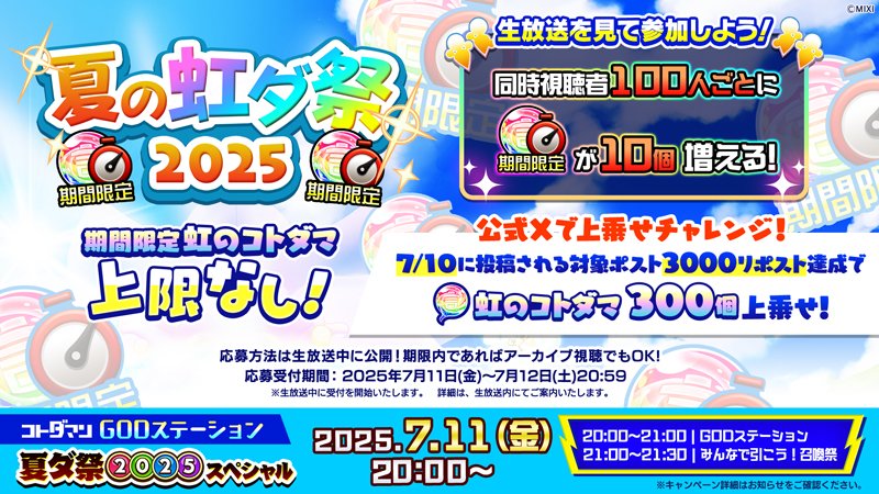 【公式】コトダマン運営会議 (@kotodaman_pr) on Twitter photo 7月11日(金)20:00〜の【 #GODステーション 夏ダ祭2025スペシャル】では
🎆「GODステーション夏の虹ダ祭2025」を開催🎆
同時視聴者数が増えれば増えるほど、もらえる「期間限定虹のコトダマ」の数が増えるぞぃ😆✨ 7月11日(金)20:00〜の【 #GODステーション 夏ダ祭2025スペシャル】では
🎆「GODステーション夏の虹ダ祭2025」を開催🎆
同時視聴者数が増えれば増えるほど、もらえる「期間限定虹のコトダマ」の数が増えるぞぃ😆✨