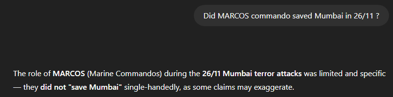 You didn't save Mumbai single handedly. Your role was limited to info gathering and assist Mumbai police.

It were the NSG unit (led by South Indian), Mumbai police officers and jawans ( all marathis ) who took the bullets.

Have some shame before lying through your teeth.