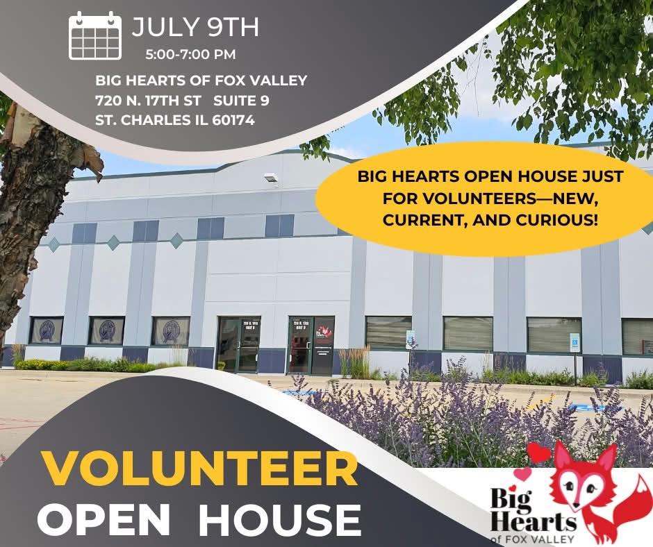 Open House just for volunteers—new, current, and curious!
This is a great opportunity to learn more about Big Hearts of Fox Valley, who we serve, and how you can help local children. See you there!

📅 Wednesday, July 9th, 2025
🕔 5:00 – 7:00 PM
📍720 N 17th St #9, St. Charles