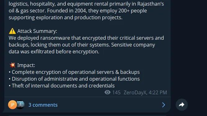 New attack reported by #D4rkn3ttz

Hacktivist group Liwaa Mohammad has claimed responsibility for a ransomware attack against Kiri Group, an oilfield services company based in #India.

Attackers #encrypted the company’s servers and backups, gained root access, and launched file