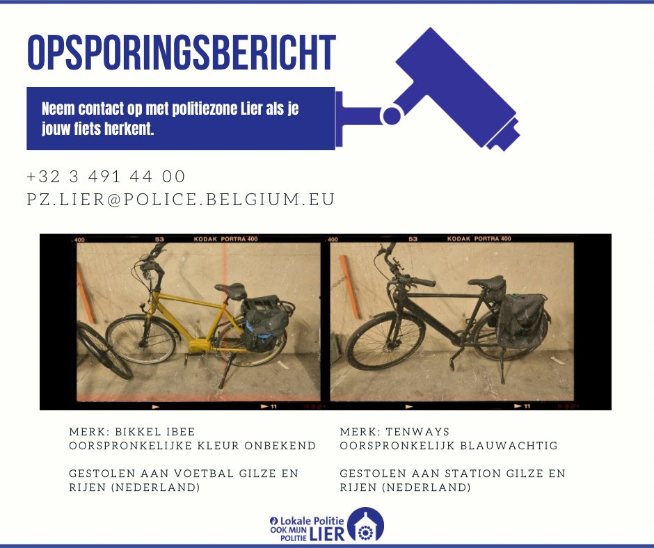 Ben jij je elektrische fiets kwijt na diefstal in Gilze en Rijen (NL)? 

Deze elektrische herenfietsen werden in beslag genomen tijdens een huiszoeking. Ze werden overschilderd om hun herkomst te verdoezelen. 

Ben jij de eigenaar? 
📧 pz.lier@police.belgium.eu
📞 +32 3 491 44 00