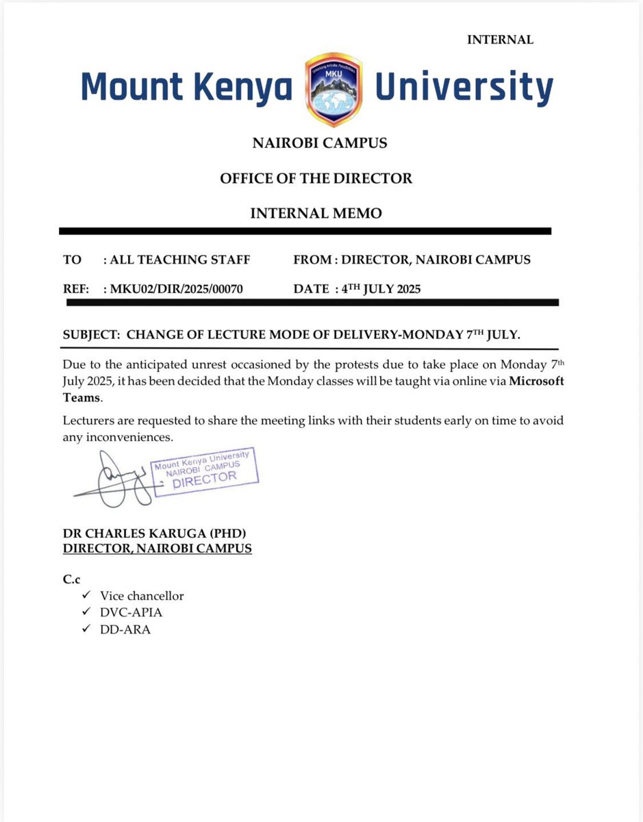 Mount Kenya University Nairobi Campus informs students that all lectures scheduled for Monday will be conducted online via Microsoft Teams. #SabaSaba2025 #77NiNumbers