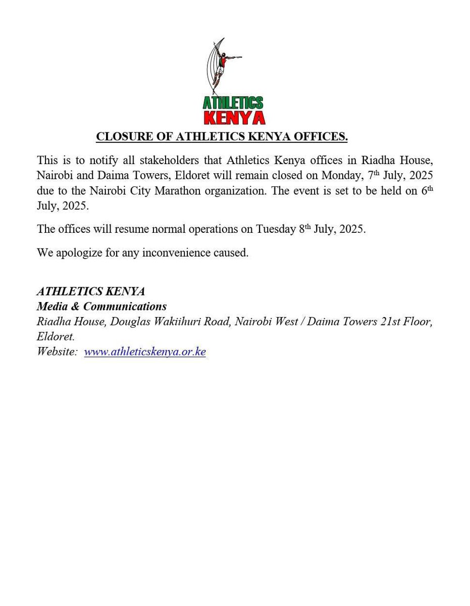 Athletics Kenya Offices Closed on Monday, 7th July 2025 over Saba  Saba protests #77NiNumbers