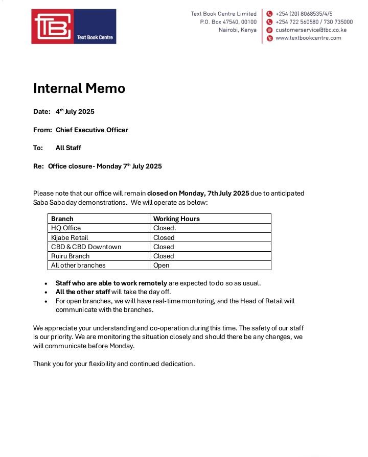 Text Book Centre Ltd announces temporary closure of its head office and several retail branches including CBD, Downtown, Ruiru and Kiambu ahead of #SabaSaba2025 protests on Monday. #77NiNumbers