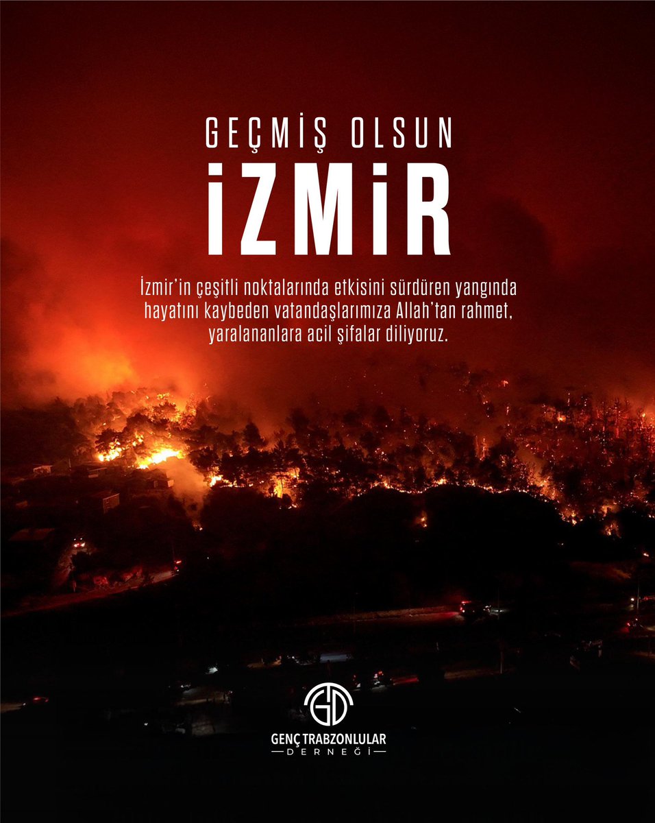 İzmir’in çeşitli noktalarında etkisini sürdüren yangında hayatını kaybeden vatandaşlarımıza Allah’tan rahmet, yaralananlara acil şifalar diliyoruz.

Geçmiş Olsun İzmir

#GençTrabzonlularDerneği