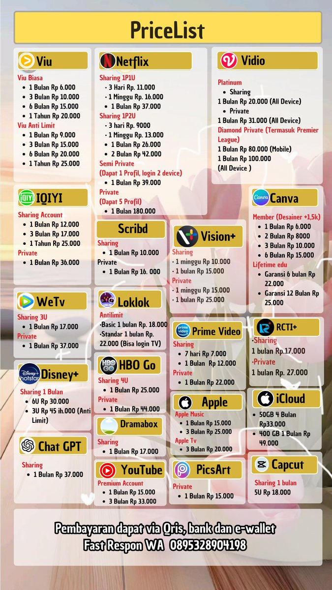 azurafea's tweet photo. jual aplikasi premium full garansi

ready netflix sharing private harian chat gpt capcut canva pro youtube viu iqiyi disney vidio wetv prime video platinum apple music 

- order  https://t.co/8EuKQ3xkeA
- testi https://t.co/UhVBNhxLeA
0912🦩
#zonauang #zonajajan #zonatest https://t.co/p7a1YTLqmr