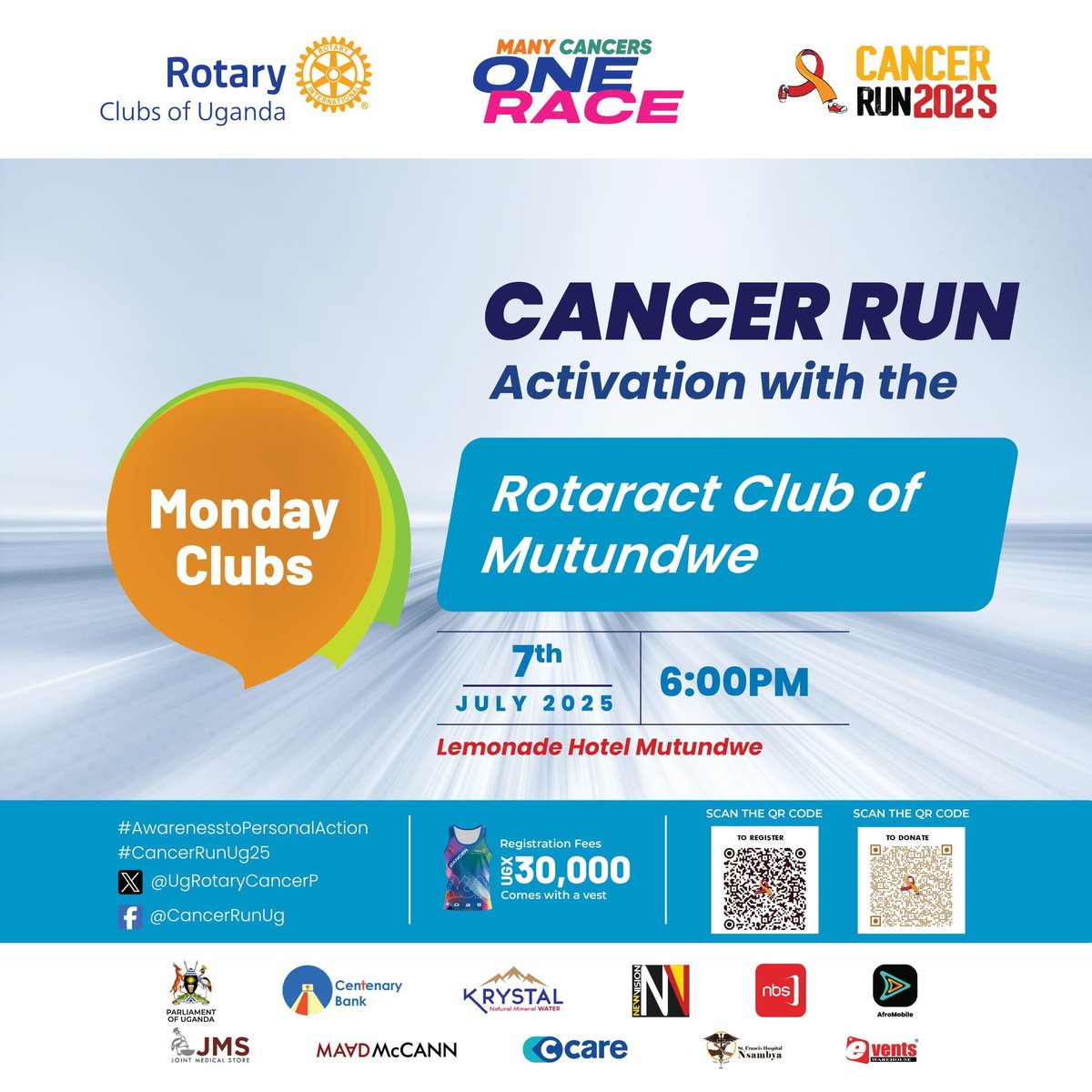 Rotaract Club of Mutundwe (@rac_mutundwe) on Twitter photo Cancer Run Activation 2025 for all Monday clubs this time will be hosted by <a href="/rac_mutundwe/">Rotaract Club of Mutundwe</a>
Let's all be there at Hotel Lemonade-Mutundwe by 6:00pm this Monday 7th July, 2025.
Lets be part of the movement to save lives🎗
#CancerRunUg25
#AwarenessToPersonalAction
#RacMutundwe Cancer Run Activation 2025 for all Monday clubs this time will be hosted by <a href="/rac_mutundwe/">Rotaract Club of Mutundwe</a>
Let's all be there at Hotel Lemonade-Mutundwe by 6:00pm this Monday 7th July, 2025.
Lets be part of the movement to save lives🎗
#CancerRunUg25
#AwarenessToPersonalAction
#RacMutundwe
