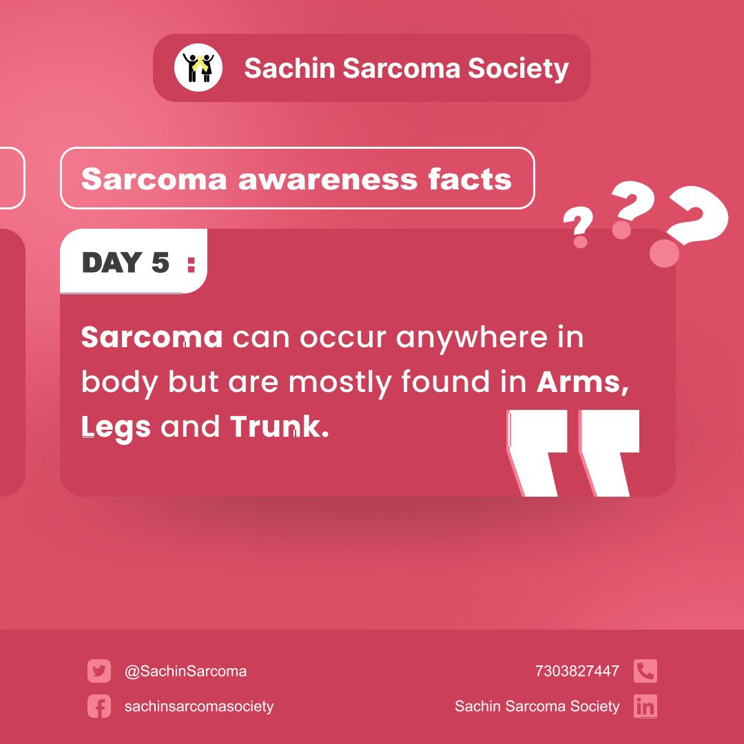 SachinSarcoma's tweet photo. 🟡 Sarcoma Awareness Month – Day 5
📍Did you know?
Sarcoma can occur anywhere in the body but is most often found in the arms, legs, and trunk.
Let’s spread awareness & save lives.
💛 #FightSarcoma with knowledge
🔗 https://t.co/vnl4DHVeBY
#SarcomaAwarenessMonth #RareCancer https://t.co/Z3ugtDIDHM