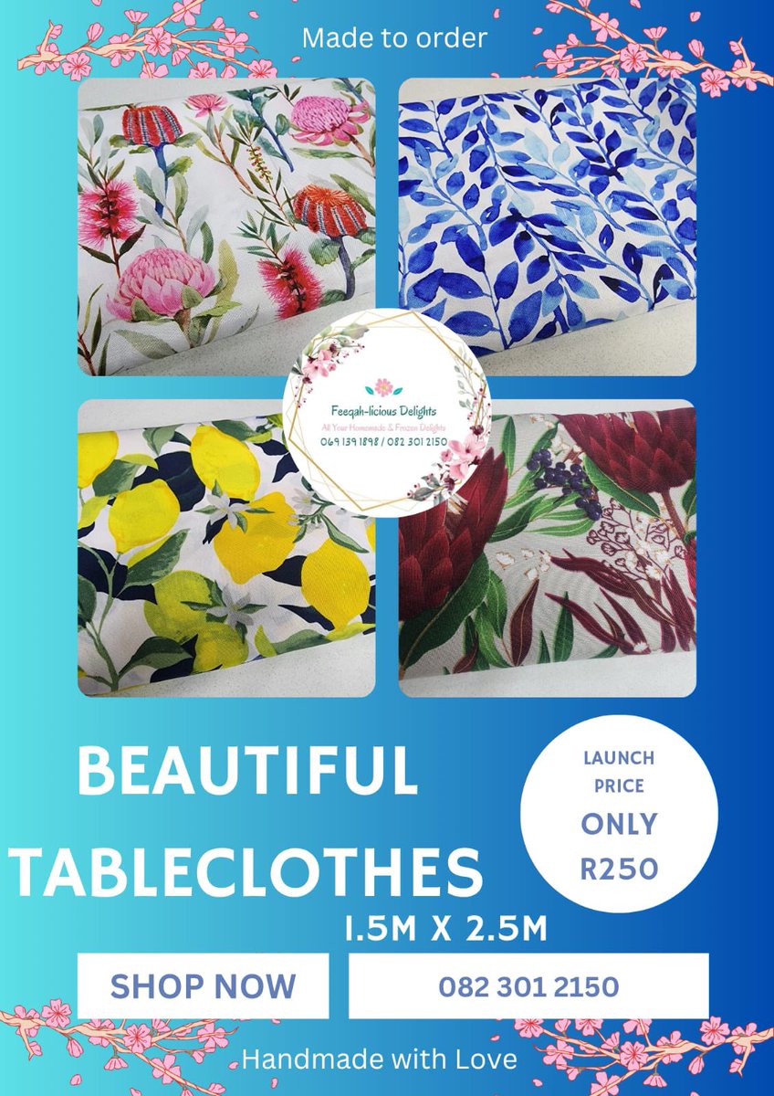 💥 ONCE-OFF DISCOUNT SALE 💥
We're helping an amazing woman with a big goal, to sell 250 beautiful tablecloths in 30 days!

Each tablecloth is standard-sized, easy to wash and perfect for homes, events or gifts. 

Normally R280, it is now only R250!

🌸 Local. Quality.