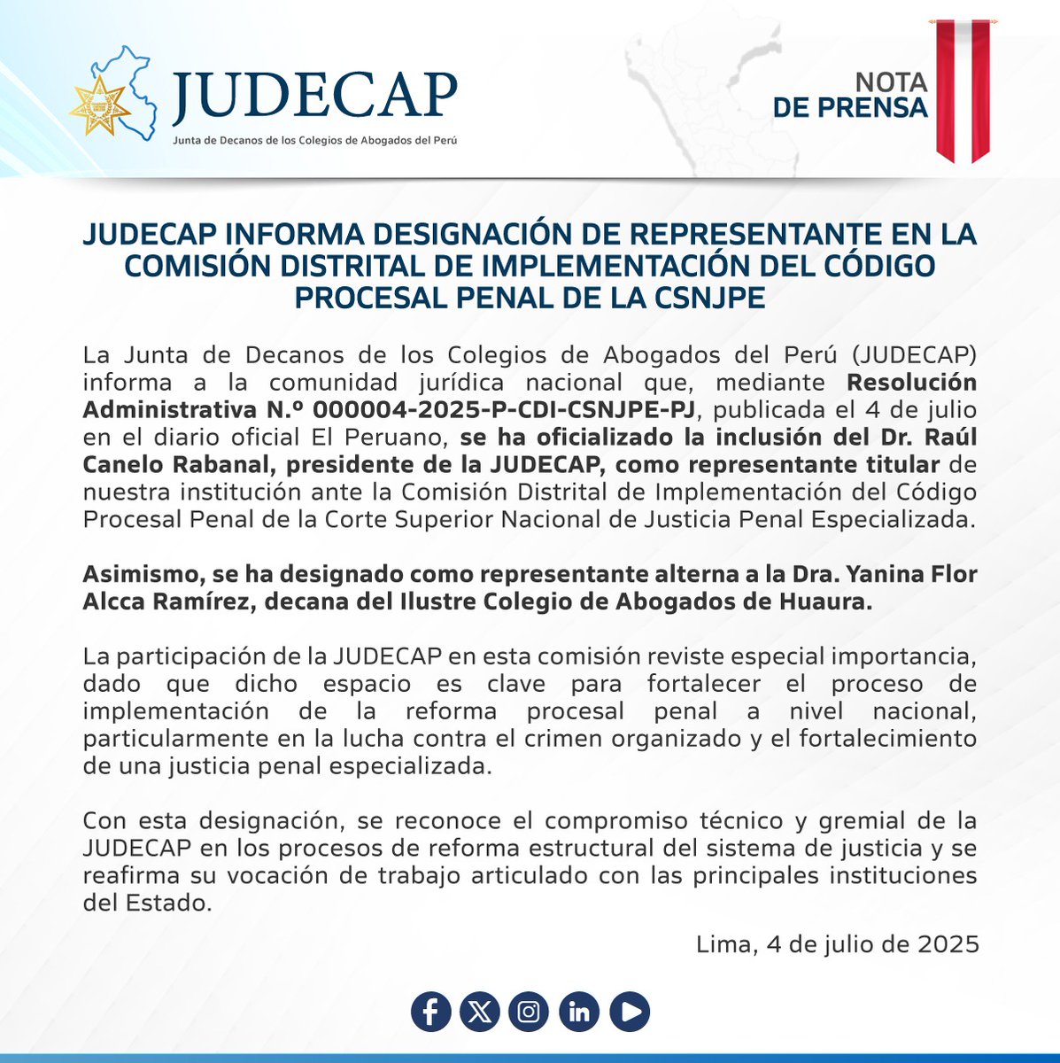 JUDECAP_OFICIAL's tweet image. 🔵 🇵🇪 #NotaDePrensa | JUDECAP INFORMA DESIGNACIÓN DE REPRESENTANTE EN LA COMISIÓN DISTRITAL DE IMPLEMENTACIÓN DEL CÓDIGO PROCESAL PENAL DE LA CSNJPE

➡️VER RESOLUCIÓN AQUÍ: tinyurl.com/4c93jvhn

Lima, 4 de julio de 2025

#JUDECAP