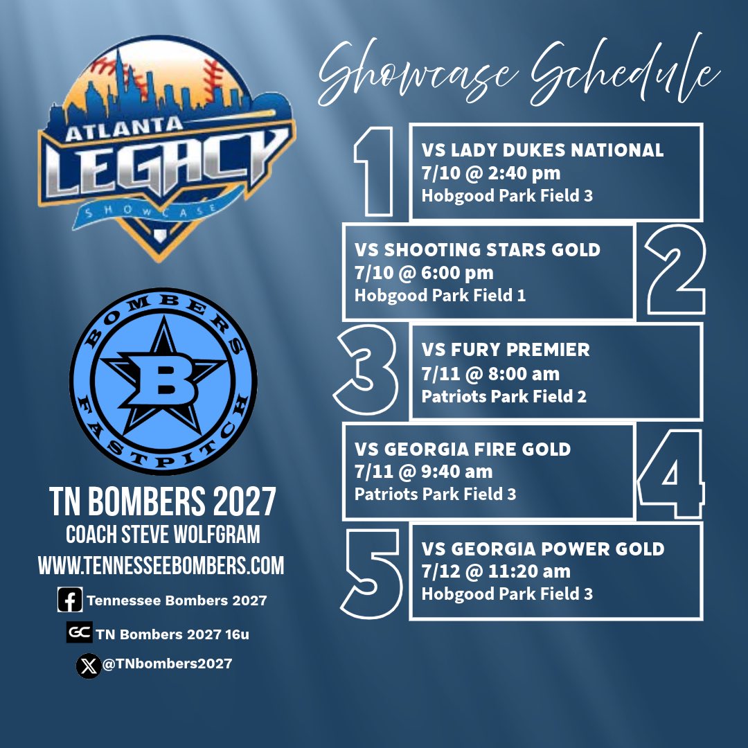 Atlanta legacy schedule ⬇️

Come check us out. Can’t wait to get back at it with my team!! 
<a href="/TNbombers2027/">Tennessee Bombers 2027</a>