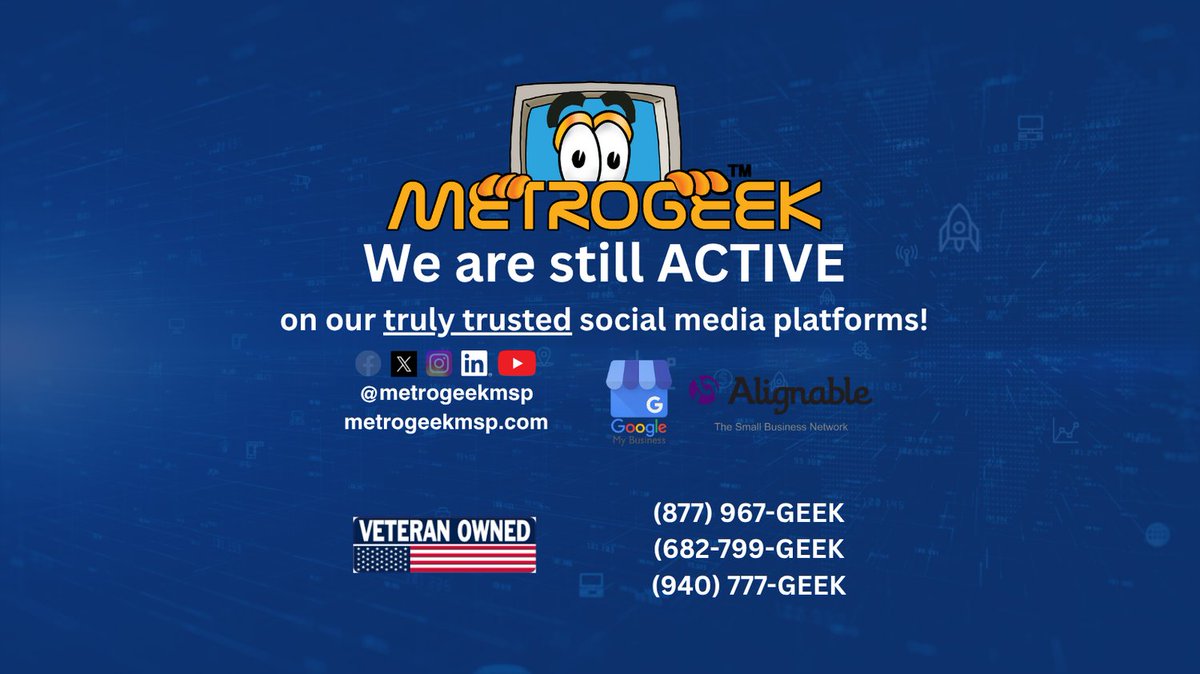 metrogeekmsp's tweet image. A reminder to our amazing METROGEEK Community : You can always access our latest content at metrogeekmsp.com and our trusted platforms X, LinkedIn, and YouTube. Still (somewhat) on IG, but @FB is a dead channel for now.
#MetrogeekMSP #DailyTechTips #ITServices