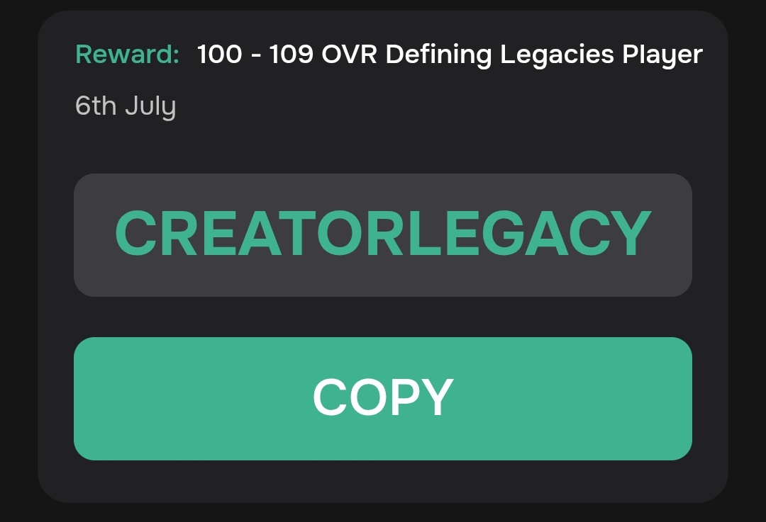 JES018FCM's tweet image. FC Mobile Redeem code is live 🚨

Code 👉  CREATORLEGACY

Redeem your reward from redeem.fcm.ea.com
 
06-07-2025

#FCMobile #fcmobileredeemcode #redeemcode