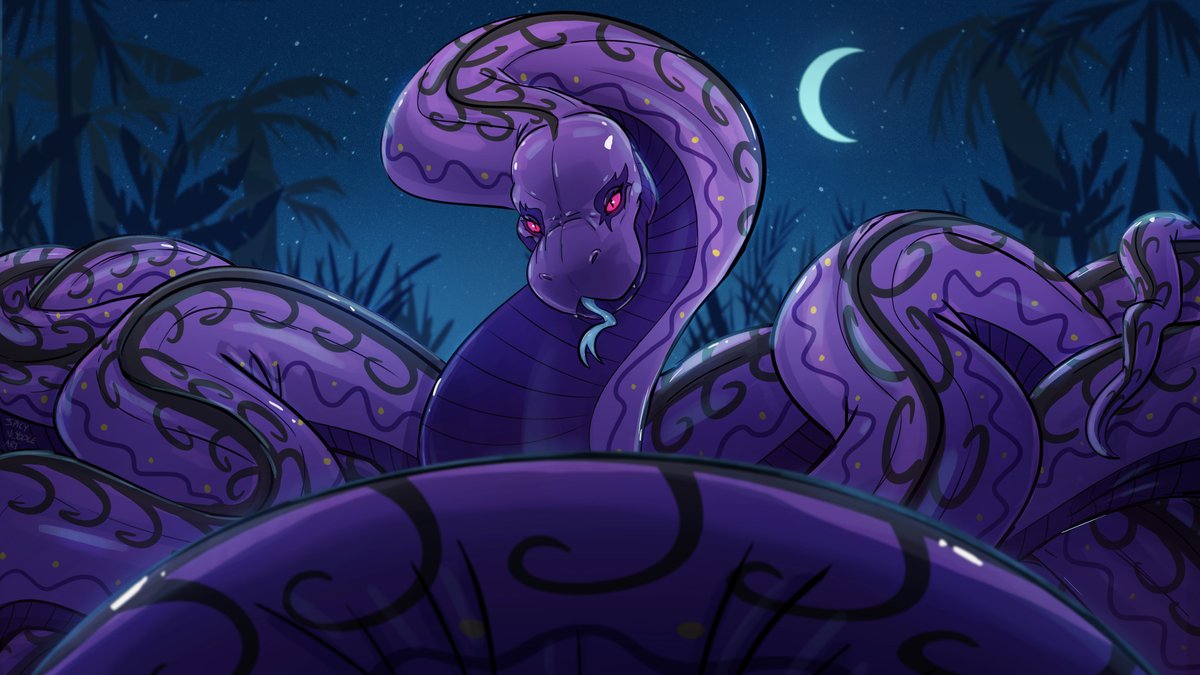 You were lost in the middle of the jungle when suddenly thick purple coils picked you up and brought you to a pair of deep, mysterious eyes...

Drawing commission of Sapana

#snake #sapana #coiled #digitalart #characterdesign #scalie #sapana