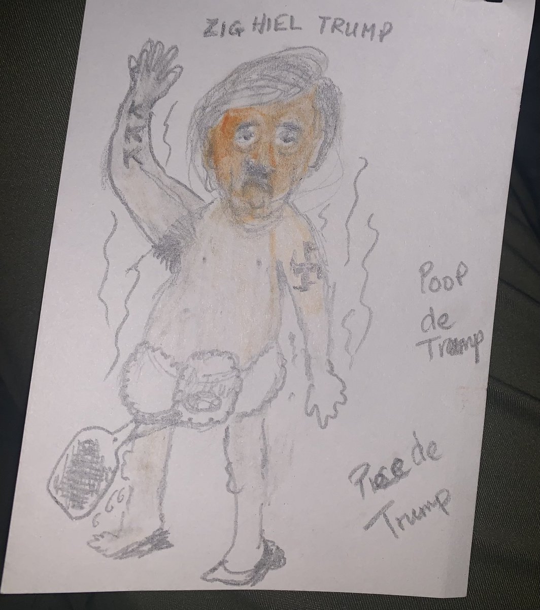 My mother used to be an artist but has been unwell lately &amp; unable to draw.
She’s recently improved somewhat mentally and taken to doodling again, I found this little gem earlier!
The likeness is uncanny and I think we’ve found the correct name for his perfume line.
#PoopDeTrump
