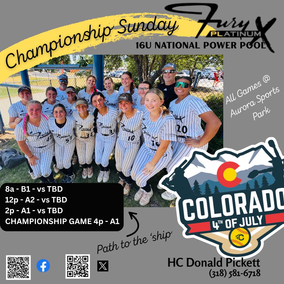 Fury Platinum X - Pickett (@fpxpickett) on Twitter photo We made it to Championship Sunday - but that’s not the ultimate goal - we have 4 games to win! Let’s go ladies! All it takes is all you’ve got! <a href="/FuryPlatinum/">FuryPlatinumSoftballClub</a> <a href="/COSparkFire/">CO 4th of July</a> <a href="/ConnectSports_/">Connect Sports</a> We made it to Championship Sunday - but that’s not the ultimate goal - we have 4 games to win! Let’s go ladies! All it takes is all you’ve got! <a href="/FuryPlatinum/">FuryPlatinumSoftballClub</a> <a href="/COSparkFire/">CO 4th of July</a> <a href="/ConnectSports_/">Connect Sports</a>