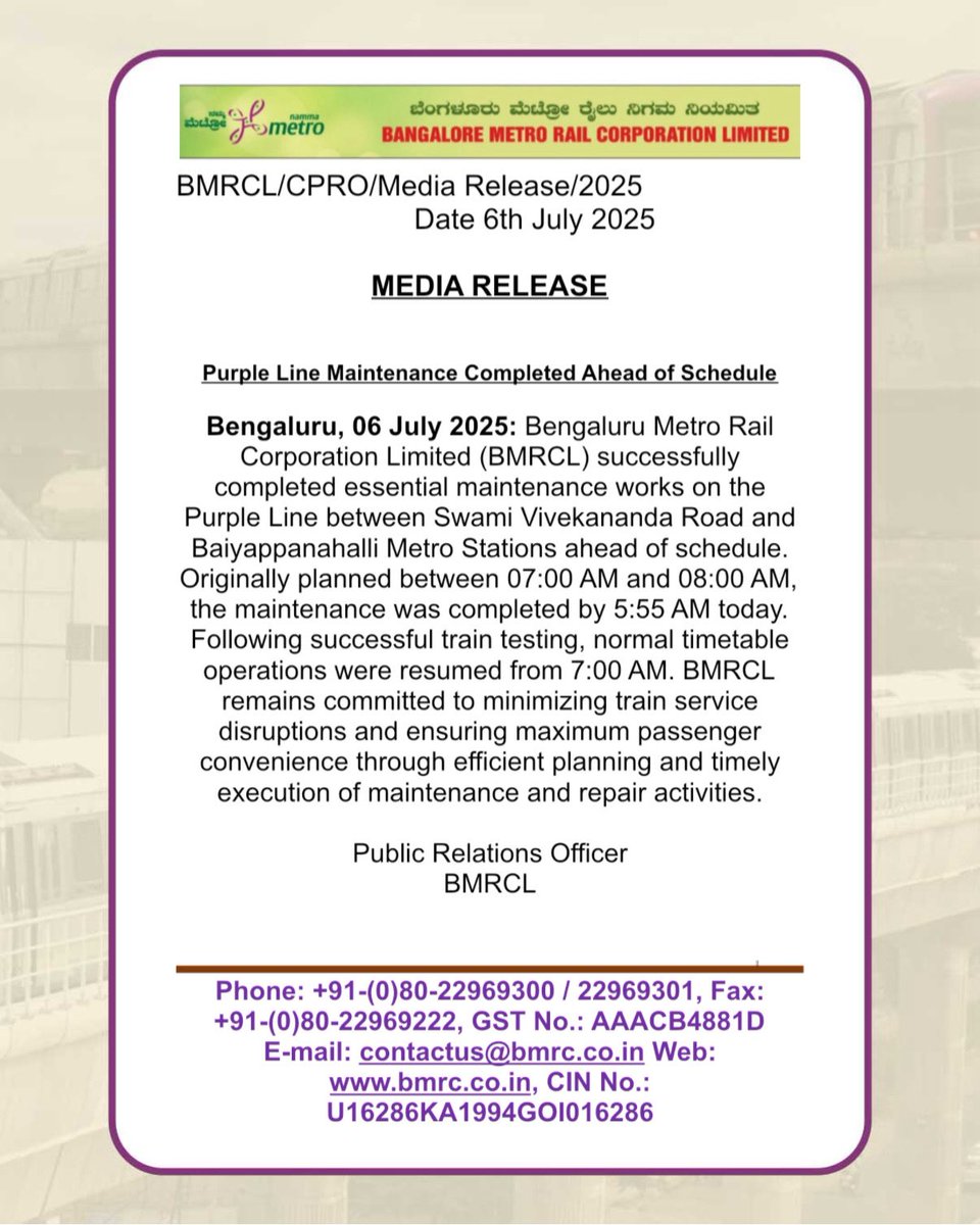 OfficialBMRCL's tweet image. Attention Passengers: Purple Line maintenance between Swami Vivekananda Road and Baiyappanahalli metro stations has been completed ahead of schedule. Please refer to the media release for more details.