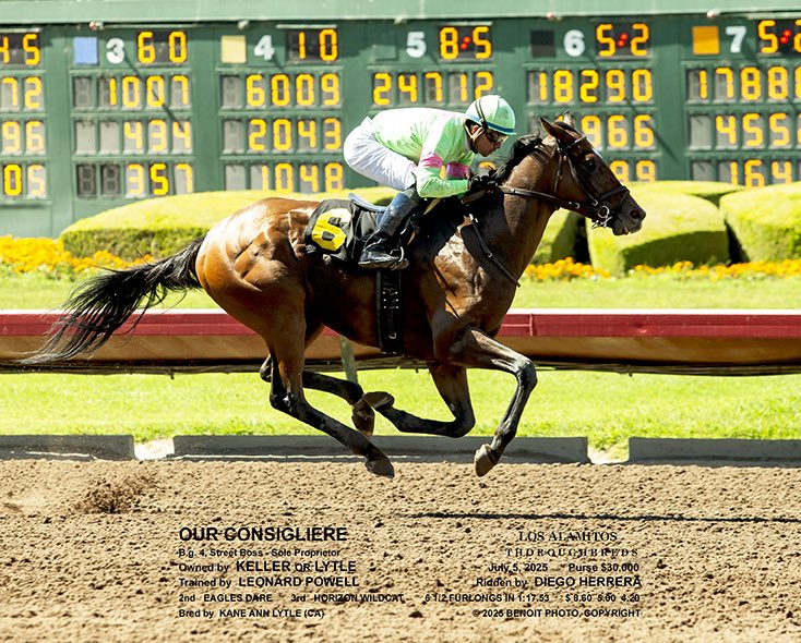 Leonard powell (@leopowellracing) on Twitter photo Our Consigliere didn’t need any further advice for winning first time out, under <a href="/JockeyHerrera/">Diego Herrera</a> . Congrats to owner/ breeders Jane Little and Chuck Keller for raising this son of <a href="/DarleyAmerica/">Darley in America</a> Street Boss and scoring <a href="/losalracing/">Los Alamitos Race Course</a> in this eventful event ! Our Consigliere didn’t need any further advice for winning first time out, under <a href="/JockeyHerrera/">Diego Herrera</a> . Congrats to owner/ breeders Jane Little and Chuck Keller for raising this son of <a href="/DarleyAmerica/">Darley in America</a> Street Boss and scoring <a href="/losalracing/">Los Alamitos Race Course</a> in this eventful event !