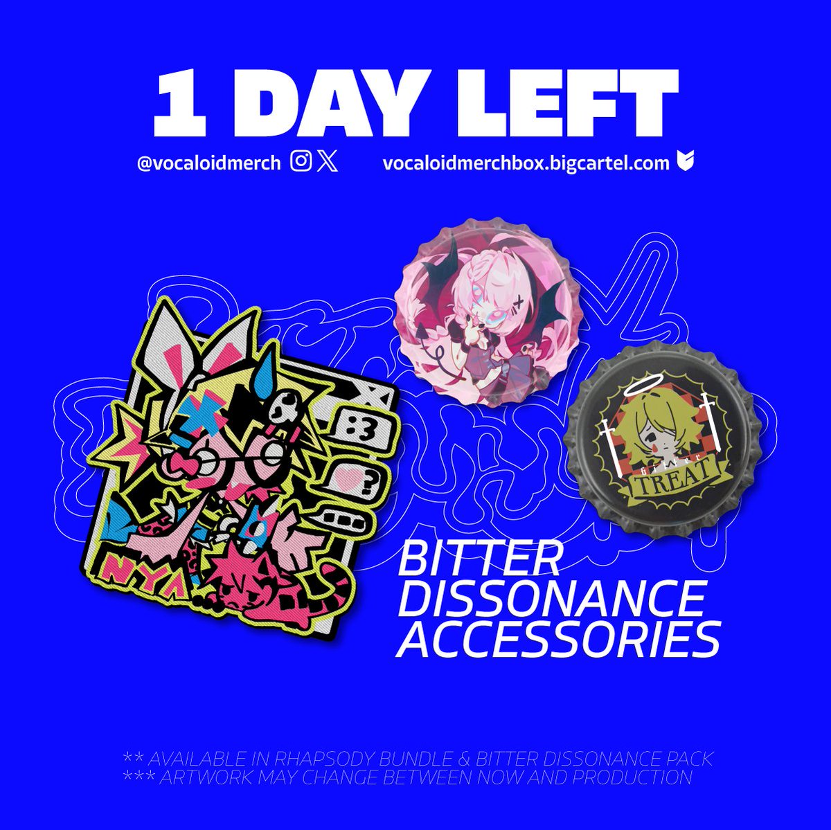 vocaloidmerch's tweet image. βΆ 24H LEFT | BD PIN & PATCH βΆ
Show off your rugged edges with bottle cap pins by @mzenszn & @zimazhima and embroidered patch by @napopk! Comes with the RHAPSODY bundle and Bitter Dissonance Pack.
π INTERNATIONAL: vocaloidmerchbox.bigcartel.com
π UK/EU: rhapsodymerchbox.etsy.com