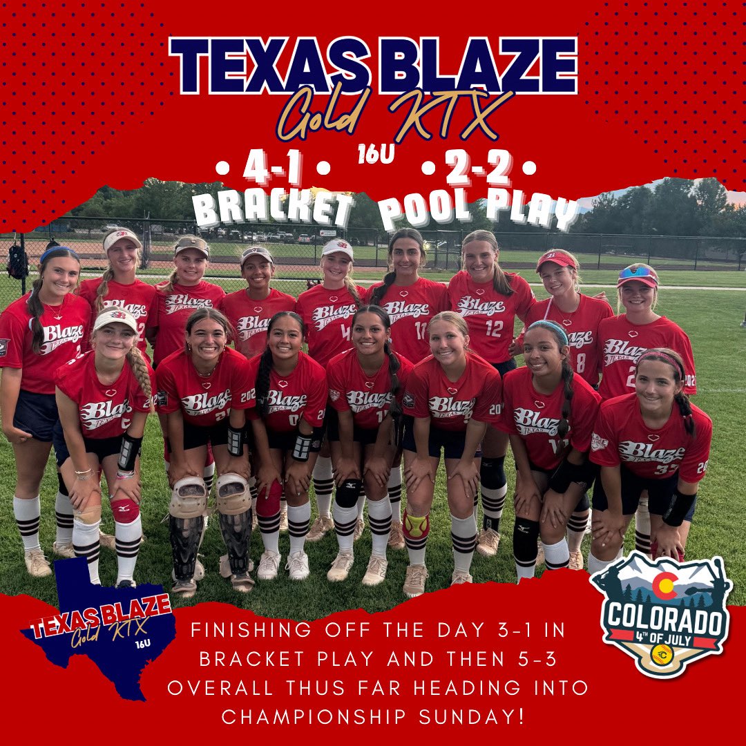 🔥 Championship Sunday Bound! 🔥
Texas Blaze Gold KTX 16U heads in with a gritty 3-1 bracket finish and 5-3 overall record!

Comeback wins. Heart. Hustle. Grit. Let’s finish strong! 💪🥎
#BlazeGoldKTX #ChampionshipSunday #BlazeStrong #ColoradoSparkler