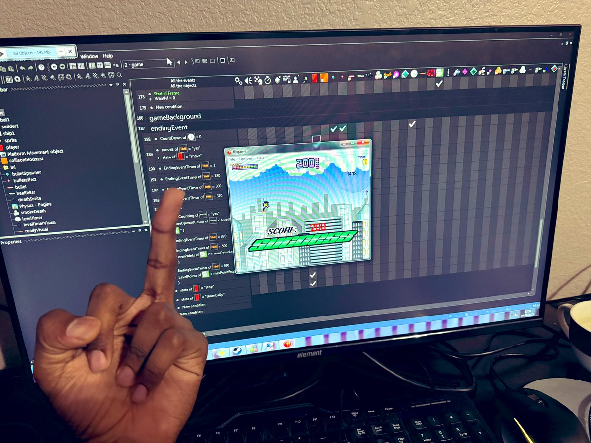 sguigop's tweet image. (ignore the middle finger i was fixing an annoying bug)
im making a game, for like the 50th time (another attempt in a sea in of failed attempts of the same idea).
Hopefully I get a demo or prototype finished soon, i made this much simpler in nature than my last attempt 🥲