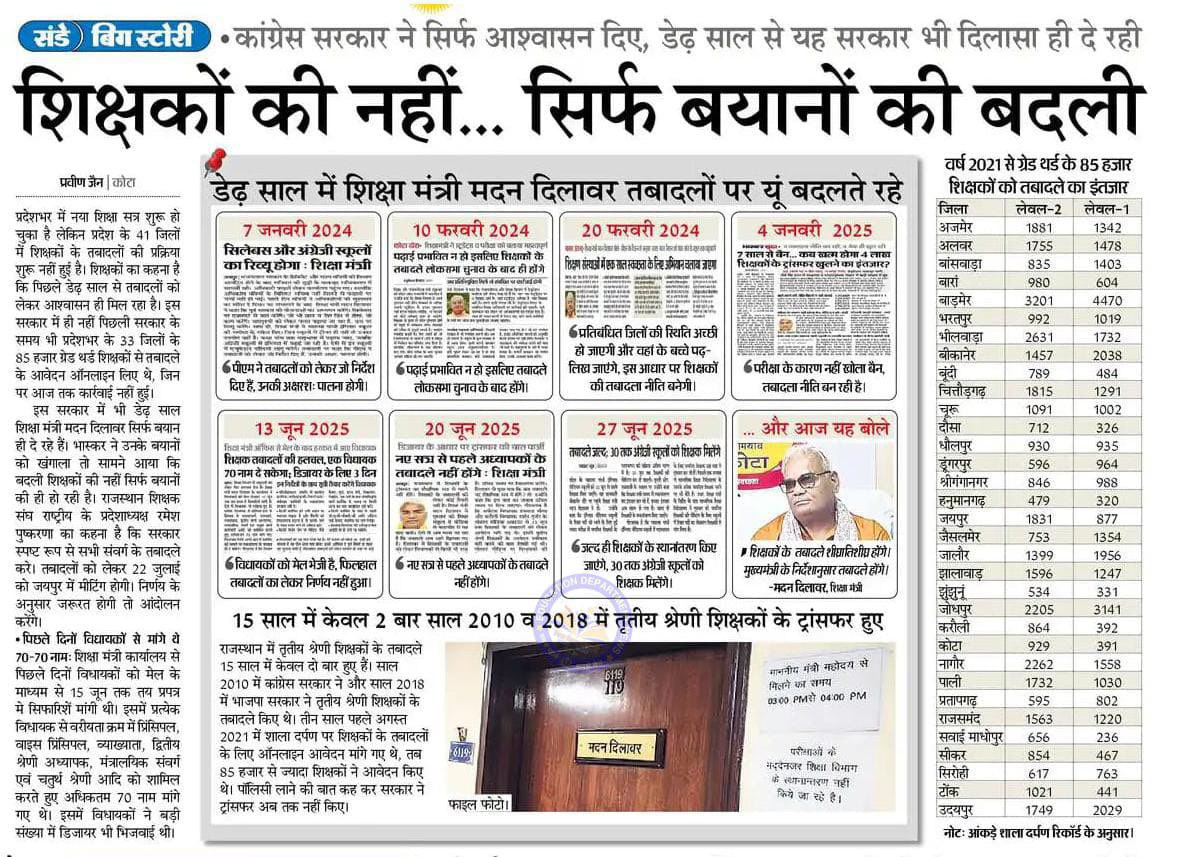 शिक्षकों की नहीं सिर्फ बयान होगी बदली,
मदन दिलावर भी निकले बयान वीर 

<a href="/madandilawar/">Madan Dilawar</a> 
<a href="/RajCMO/">CMO Rajasthan</a> 
<a href="/BhajanlalBjp/">Bhajanlal Sharma</a>