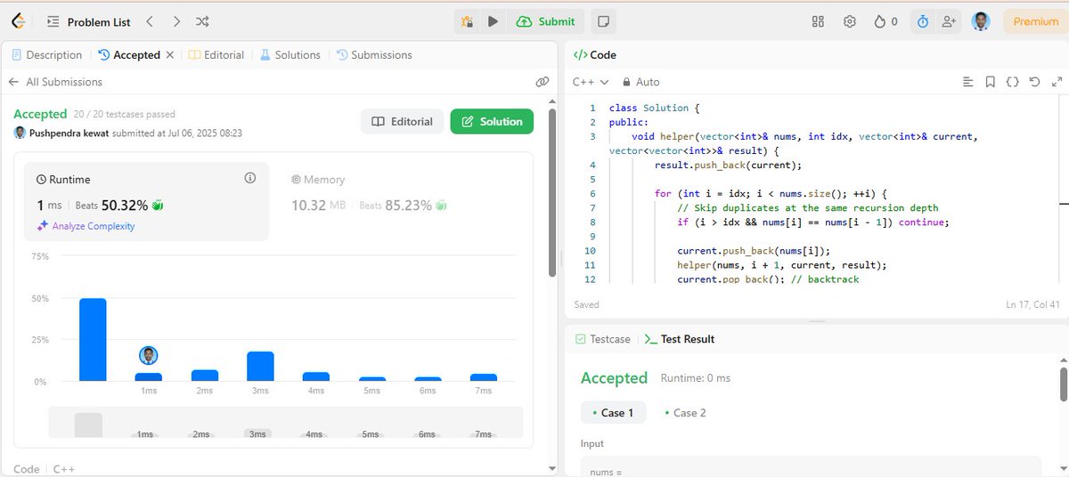 Pushpendra12314's tweet photo. 📅 Day 30 — 6 July 2025
🔁 Practiced recursion with:
✅ Tower of Hanoi
✅ Subsets (Leetcode 78)
✅ Subsets II with duplicates (Leetcode 90)
⚡ Benchmarked pass-by-value vs reference
🔍 Ref = 5x faster, Value = cleaner
#Cplusplus #DSA #Recursion #100DaysOfCode #Leetcode https://t.co/WEeMSKDqwH