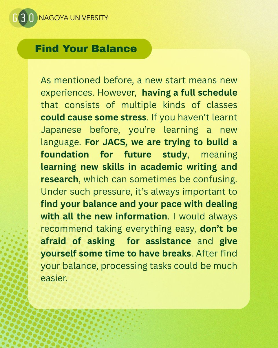 Hello hello! Our JACS theme month continues! 

First-year student Cui Yunuo shares tips for surviving your 1st year at Nagoya University's G30 program—by connecting, balancing, and exploring.

Curious about JACS? Check it out:
🔗 bit.ly/4eugVp7
