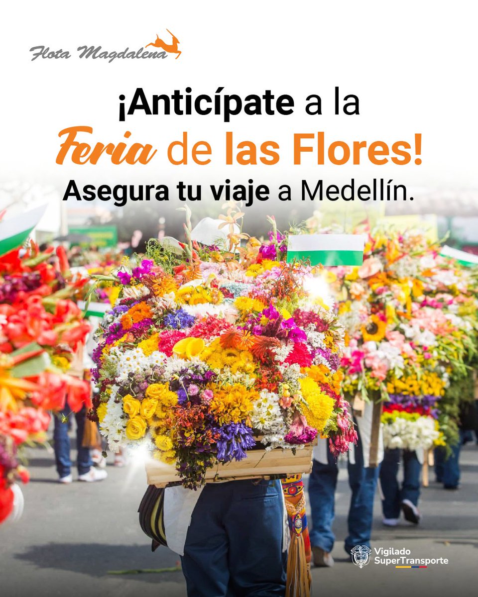 ¡Prepárate para la Feria de las Flores! 🌸🌺 Anticípate y asegura tu lugar para vivir la magia de Medellín en agosto. En Flota Magdalena te ofrecemos las mejores tarifas con compra. 🚌💐 ¡No esperes más!
#FlotaMagdalena #FeriaDeLasFlores #Medellín #CompraAnticipada
