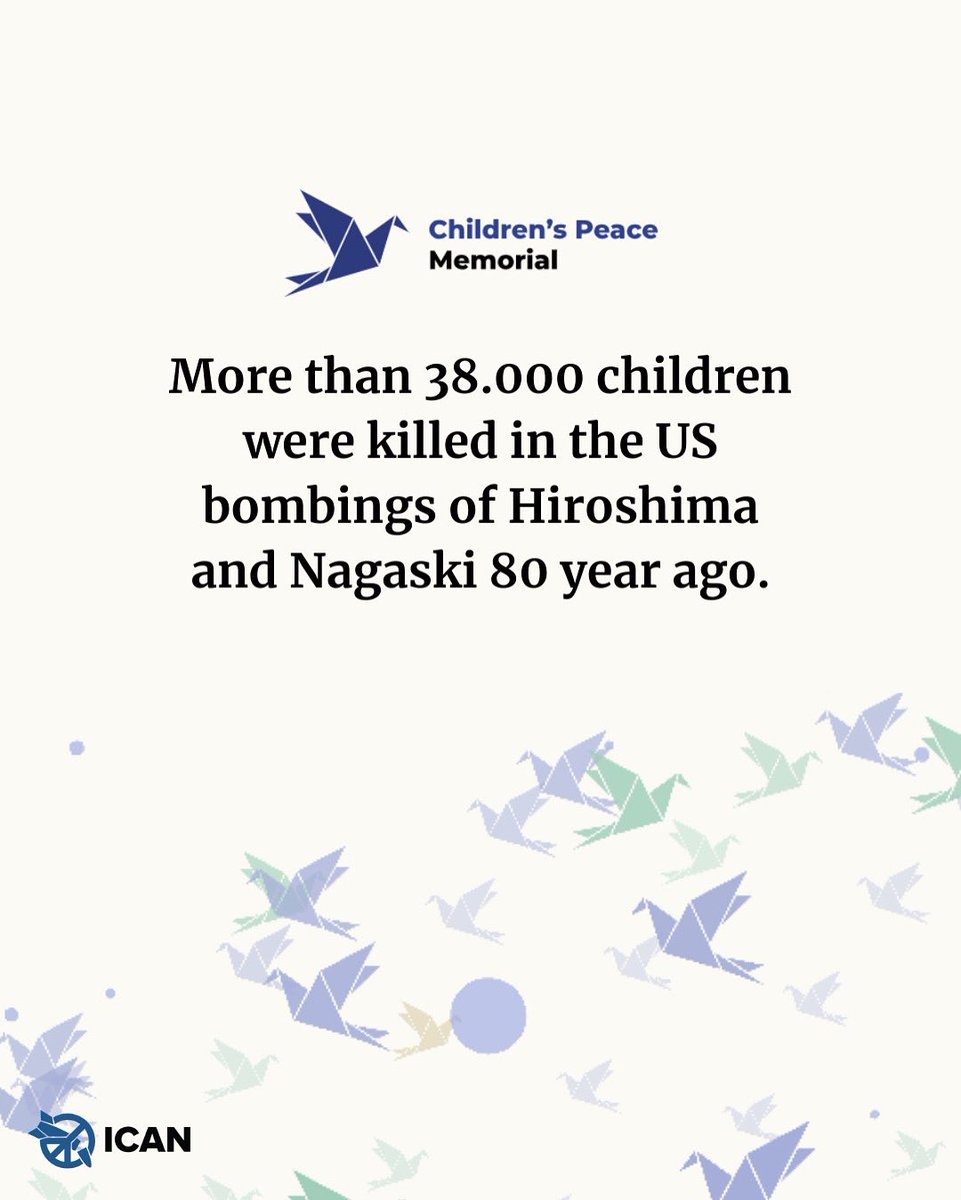 80 years ago, nuclear bombs killed more than 38,000 children in Hiroshima and Nagasaki. Their lives were cut short, their futures stolen.
This new memorial remembers them. Visit and share here: childrenspeacememorial.org

#NuclearBan #Hiroshima80 #Nagasaki80