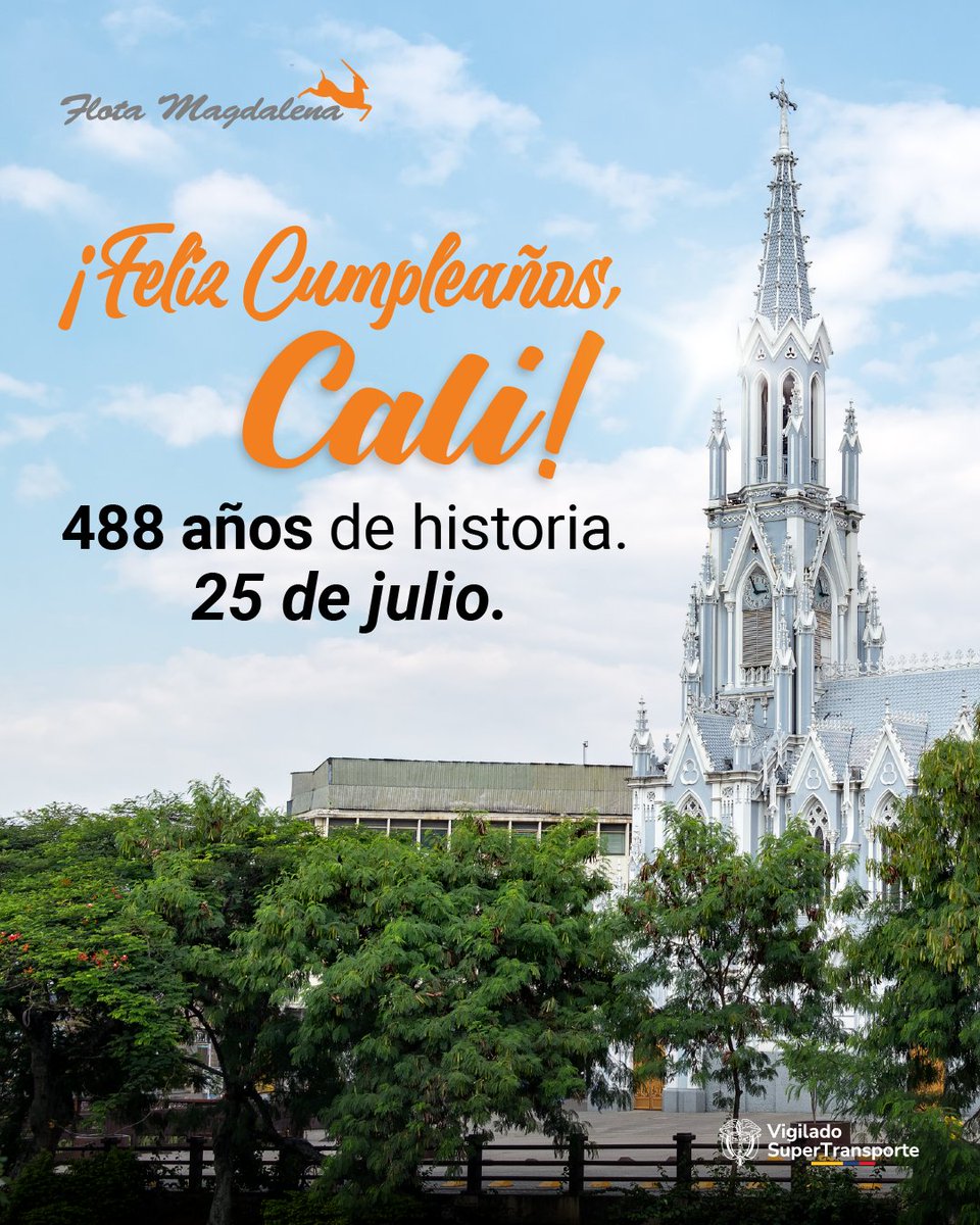 ¡Feliz cumpleaños, Cali! 🎂 
Este 25 de julio celebramos junto a la Sucursal del Cielo sus 488 años de fundación. Una ciudad llena de salsa, alegría y tradición ¿Ya tienes planes para celebrar con los caleños? ¡Nosotros te llevamos! 
#FlotaMagdalena #AniversarioCali #Cali488Años