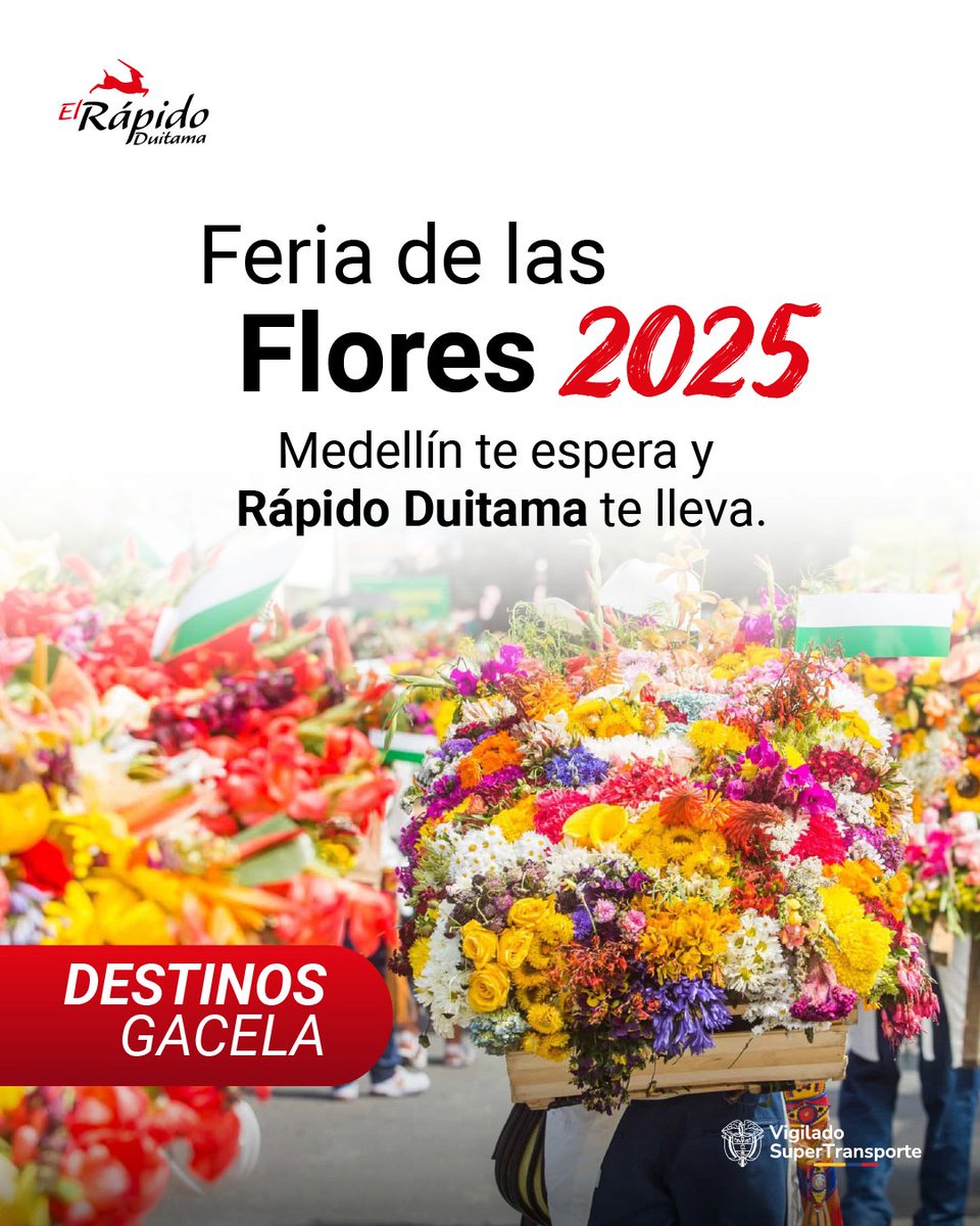¡La ciudad de la eterna primavera te espera! 🌺🌼 Anticípate a la Feria de las Flores en Medellín y viaja con la comodidad y seguridad de Rápido Duitama. ¡Reserva ya! 🚌🌸
#RápidoDuitama #FeriaDeLasFlores #Medellín #CompraAnticipada #DesfileDeSilleteros #TurismoAntioquia